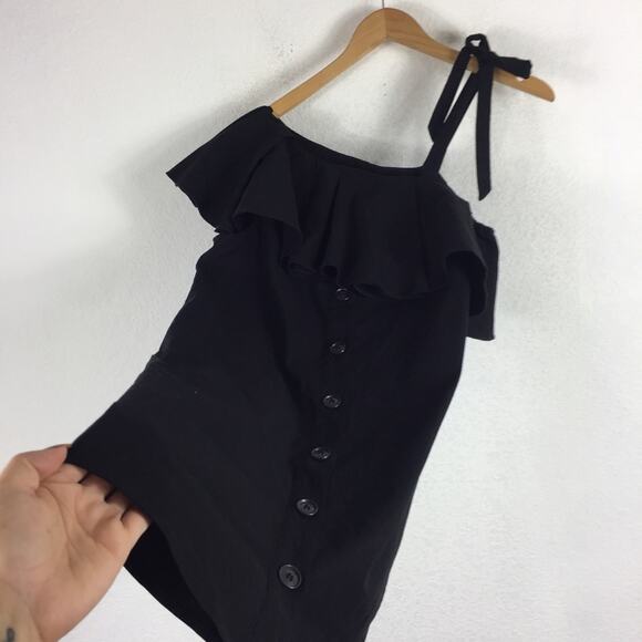 Sea NY Black Ruffle Off Shoulder Mini Dress Small Button Loose Linen Shirtdress - Picture 11 of 14